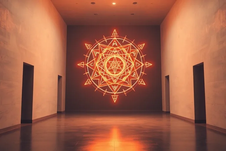 Stylized, glowing Bagua map suspended in a minimalist, serene architectural space, with directional arrows indicating energy flow, soft ambient light, clean lines.