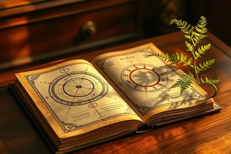 An antique, open leather-bound journal with intricate alchemical symbols and diagrams, illuminated by golden light, next to an uncurling fern on a mahogany desk.