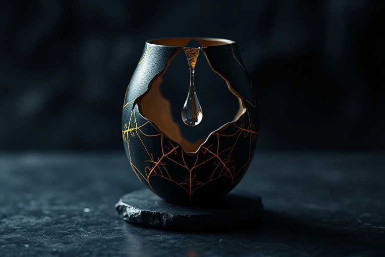 A shattered ceramic vase reassembled with glowing golden Kintsugi lines, with a translucent tear drop, resting on a dark stone surface. Blurred melancholic background.