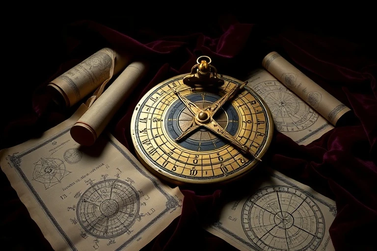 Still-life photography, an antique brass astrolabe resting on a velvet cloth, surrounded by scattered, hand-drawn astrological charts and old parchment scrolls, soft, dramatic lighting, focus on texture and historical tools, NO humans, NO faces, NO people.