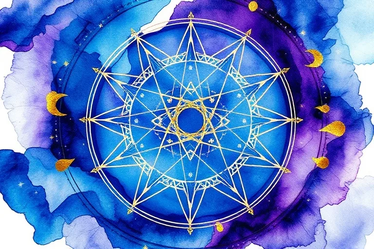 Abstract watercolor painting, swirling patterns of deep blues, purples, and gold, subtle geometric shapes emerging from the colors, representing hidden cosmic symmetries and energetic flows, ethereal, dreamlike quality, NO humans, NO faces, NO people.