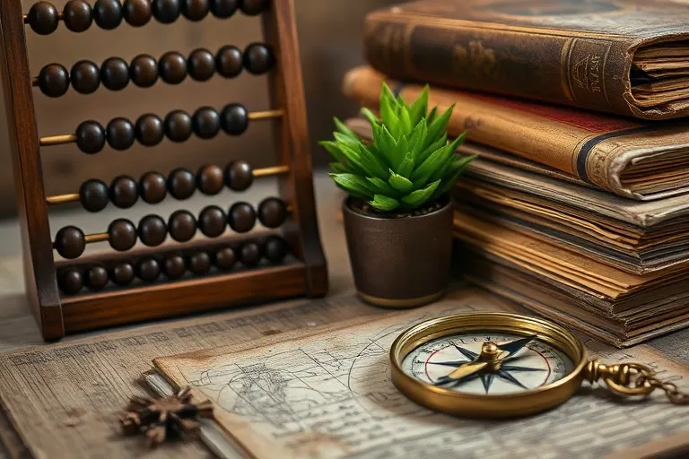 Still life of a vintage wooden abacus, old ledgers, a plant, and a compass on a desk, symbolizing growth and methodical planning.