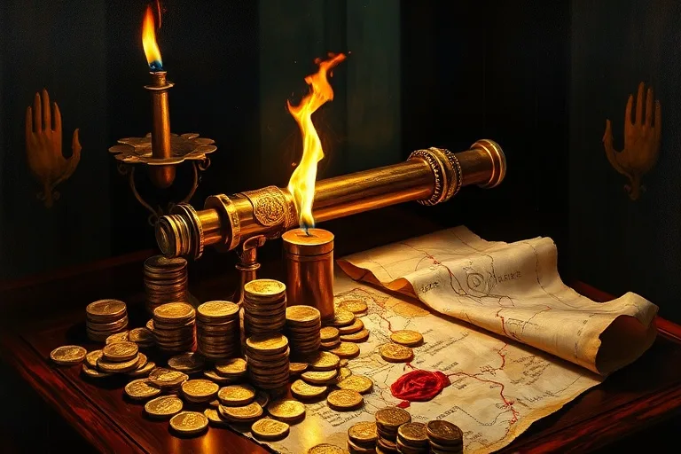 Oil painting of a burning torch illuminating an antique brass telescope, golden coins, and a treasure map, symbolizing ambition and dynamic entrepreneurship.