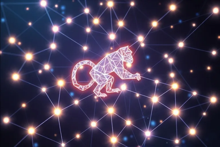 3D render of a complex, interconnected network of glowing nodes and lines, representing strategic networking and intricate problem-solving, with a subtle monkey silhouette.