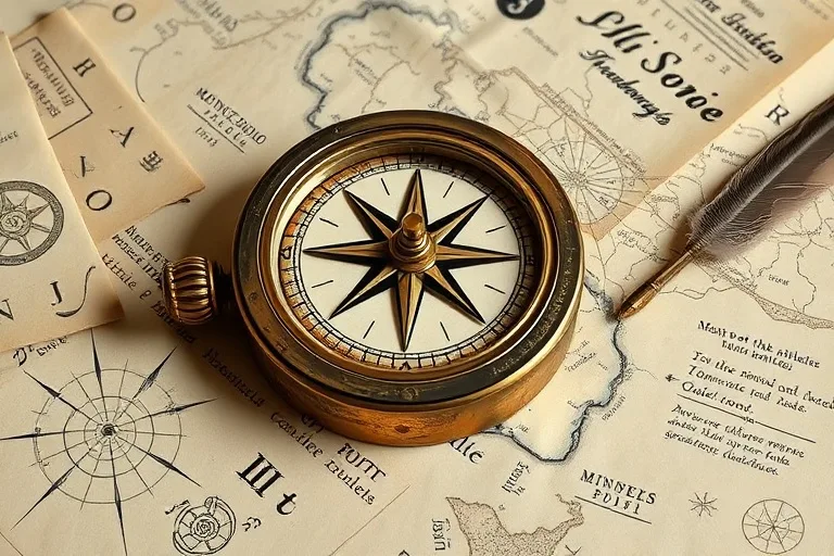 Oil painting of a weathered, antique compass spinning rapidly on a map with cryptic symbols, surrounded by scattered notes and a quill pen, symbolizing intellectual agility and knowledge.