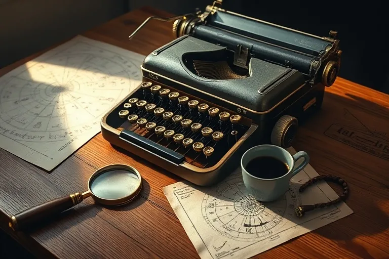Cinematic still life of a vintage typewriter, scattered blueprints, a magnifying glass, and a steaming cup of coffee on a wooden desk.
