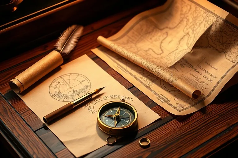 Vintage photography of an antique wooden desk with scrolls, a quill, compass, and map, symbolizing strategic planning.