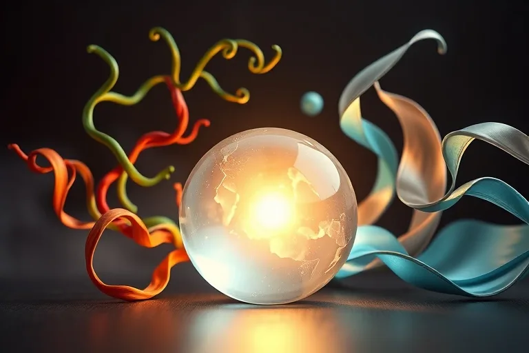 Conceptual art showing abstract forms of five elements converging around a shimmering crystal orb, representing life path influences.