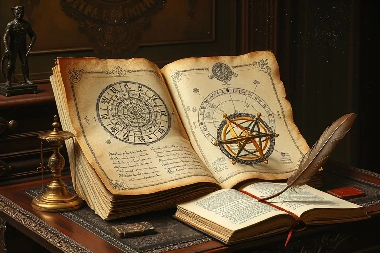 Oil painting of an open astrological almanac, armillary sphere, and quill on an antique desk, symbolizing ancient wisdom.