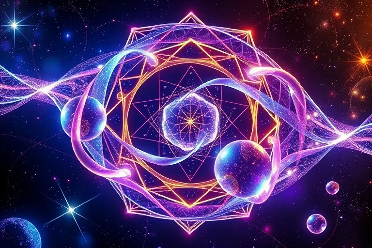 Abstract 3D render of intertwining luminous ribbons and spheres, symbolizing cosmic energy and destiny.