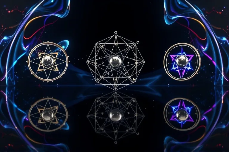 3D digital illustration of abstract, metallic astrological symbols arranged on a reflective surface with dynamic energy lines.