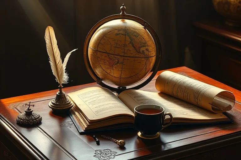 Oil painting of an antique celestial globe on a wooden desk, surrounded by a quill, journal, and tea, symbolizing astrological study and self-discovery.
