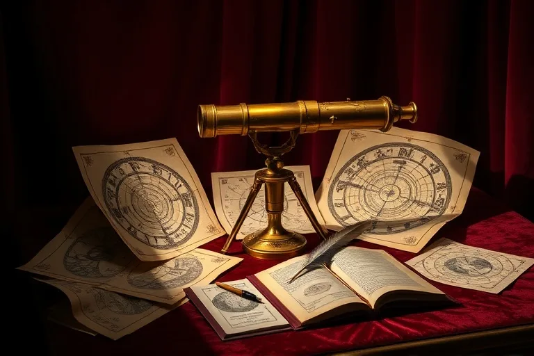Cinematic still life of an antique brass telescope on a velvet-draped desk, surrounded by astrological charts and a quill, with dramatic lighting.