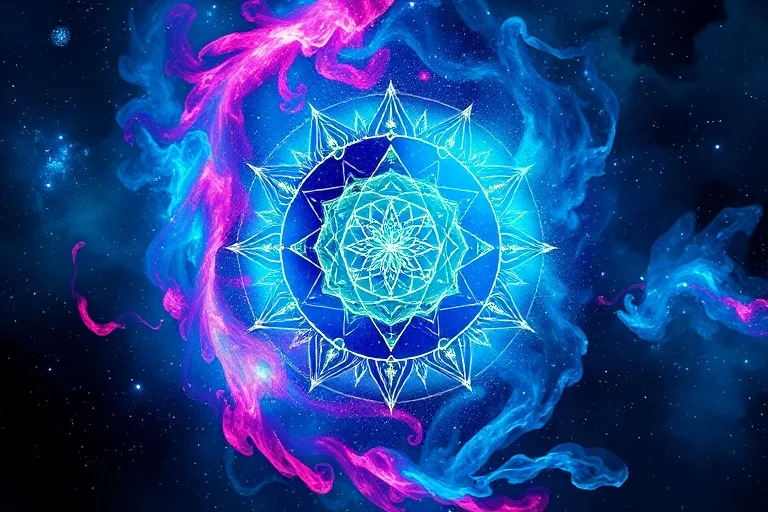 Abstract digital painting of swirling nebulae and galactic dust in electric blues, magentas, and deep greens, with subtle geometric patterns.