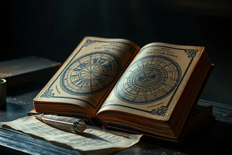 Cinematic still life photography of an antique, leather-bound astrology book open to a page depicting lunar cycles, illuminated by a single beam of moonlight, with a quill pen and aged parchment nearby, dark academia aesthetic.
