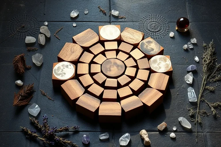 Conceptual art featuring a series of intricately carved wooden blocks, each representing a different moon phase, arranged in a spiral on a textured stone surface, surrounded by scattered dried herbs and crystals, with warm, earthy tones and soft natural light.