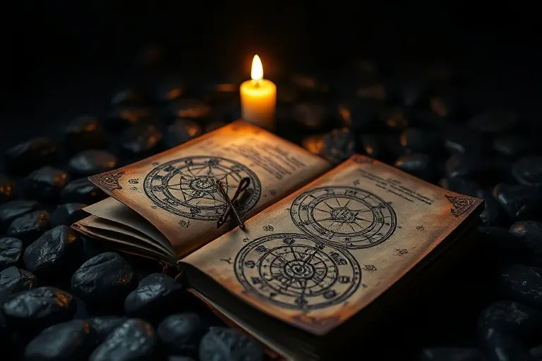 A weathered, leather-bound journal with cryptic symbols, partially open to reveal faded script, surrounded by scattered river stones and a flickering candle, symbolizing self-reflection.