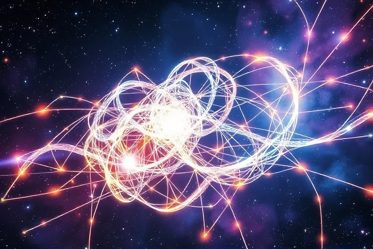 Intertwined, glowing energy lines forming a complex, ethereal web against a dark, cosmic backdrop, representing the intricate connections of karmic patterns.