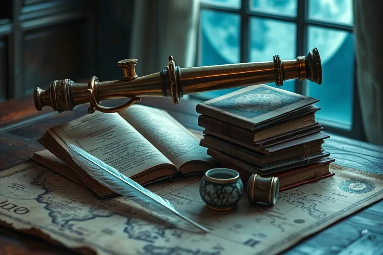 Cinematic still life of an antique brass telescope on old astrological texts, with a quill, inkwell, and world map under moonlight.