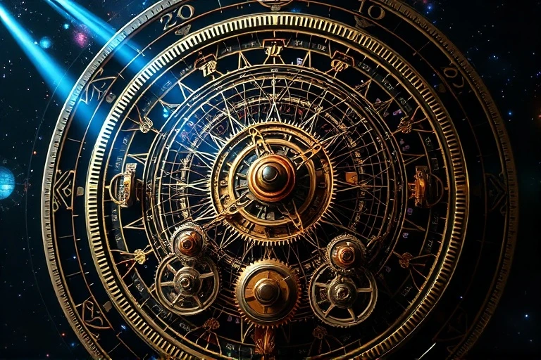 Abstract conceptual illustration of interconnected gears and clockwork mechanisms, with integrated economic graphs and population maps.