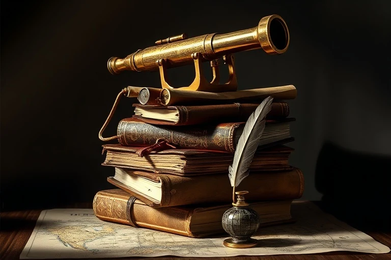 Antique brass telescope on stack of aged books and historical maps, with quill and inkwell, illuminated by dramatic light.