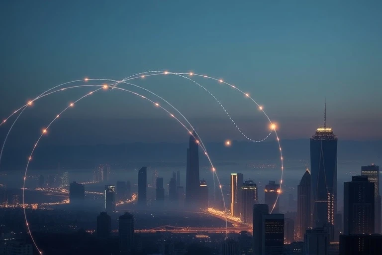 Abstract depiction of interconnected energy flows and societal shifts over a minimalist cityscape silhouette at dawn, with muted blues, grays, and gold.