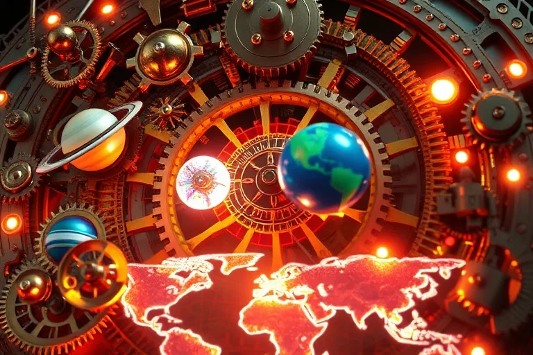 A complex 3D render of interconnected gears and cogs, with glowing orbs representing planets casting dynamic shadows over a stylized world map.