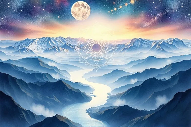 A watercolor painting depicting a serene, interconnected landscape with rivers, oceans, and mountains under an ethereal sky, showing subtle celestial influences.