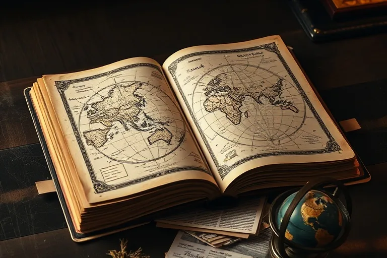 Antique atlas and historical newspaper clippings, symbolizing past global events