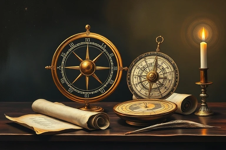 Oil painting of ancient astrological instruments like armillary sphere and astrolabe