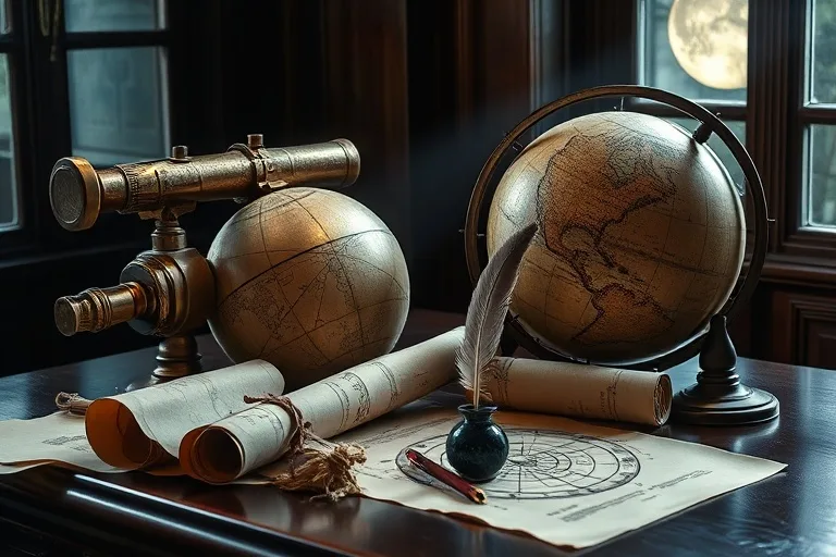 Still life of an antique brass telescope, weathered globe, ancient scrolls, and quill pen on a dark wood desk, bathed in moonlight.