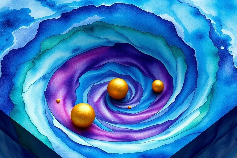 Abstract watercolor painting depicting swirling blue, purple, and green vortexes with subtle golden planetary spheres, evoking cosmic forces.