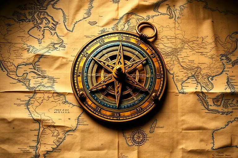 Ancient astrolabe on weathered parchment map with geopolitical borders and celestial motifs.