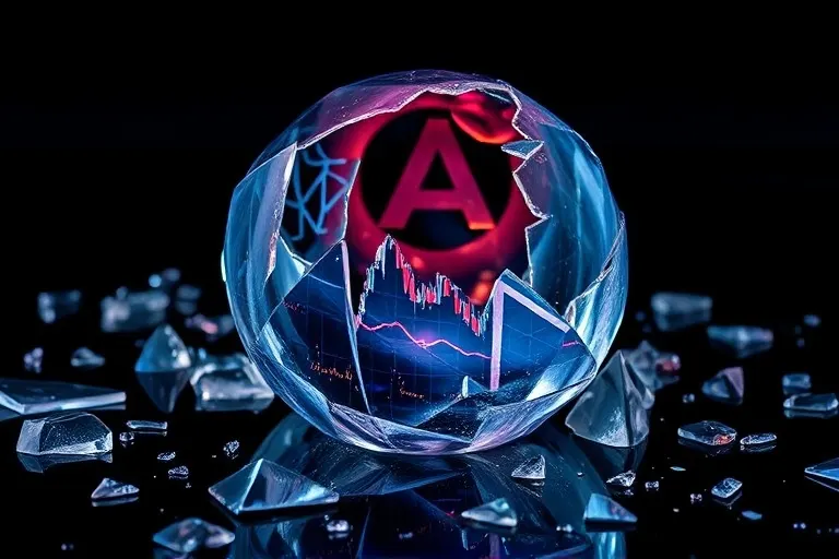 Shattered crystal ball reflecting turbulent global landscape with abstract economic graphs and political symbols.