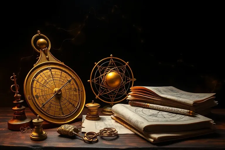Cinematic still life of ancient astrological instruments connected by glowing threads, symbolizing interconnectedness.