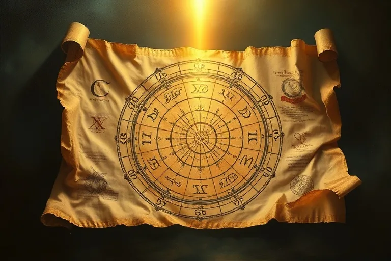Oil painting of an antique parchment scroll revealing an astrological birth chart, illuminated by a beam of light.