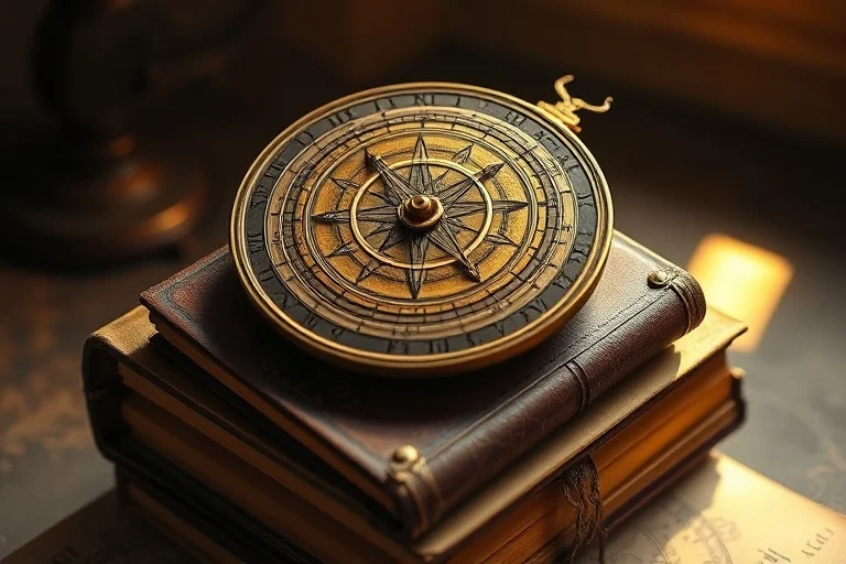 An antique brass astrolabe on old astrology books, illuminated by a soft light, symbolizing ancient wisdom.