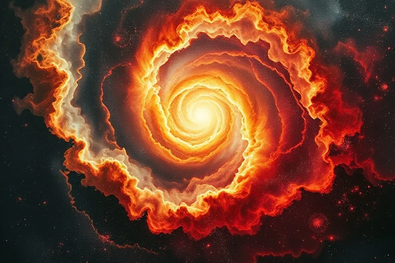Abstract art with swirling nebulae in gold, silver, and red, symbolizing self-integration and spiritual journey.