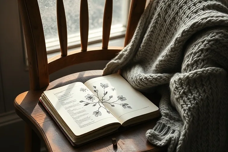 Still-life photo of an open journal with pressed flowers and a knitted blanket on a wooden chair, symbolizing comfort and nurturing.