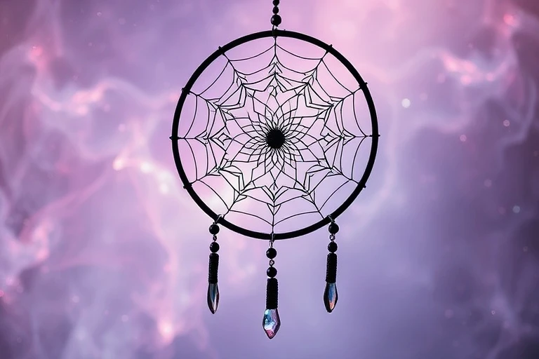 Conceptual art of an intricate dreamcatcher with iridescent beads against swirling pastel nebulae, symbolizing subconscious and intuition.