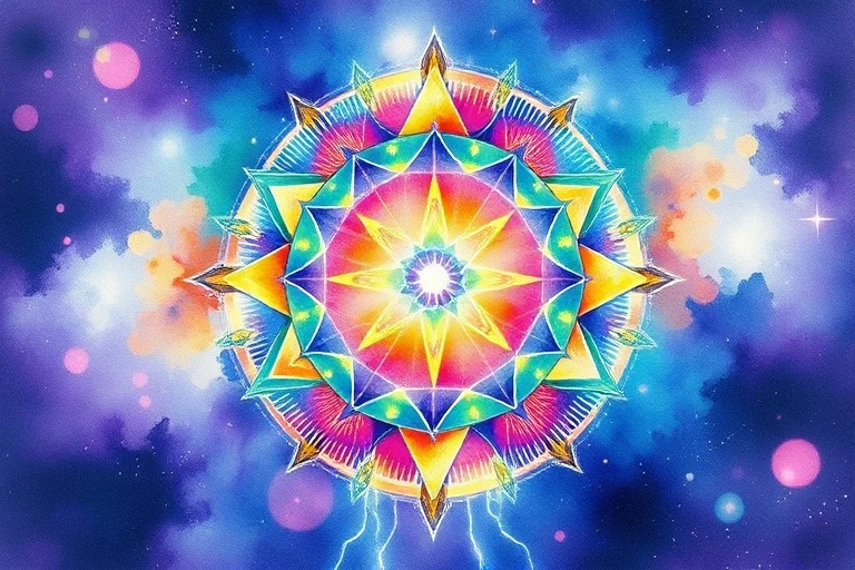 Abstract watercolor painting of a protective energy shield shimmering with vibrant colors