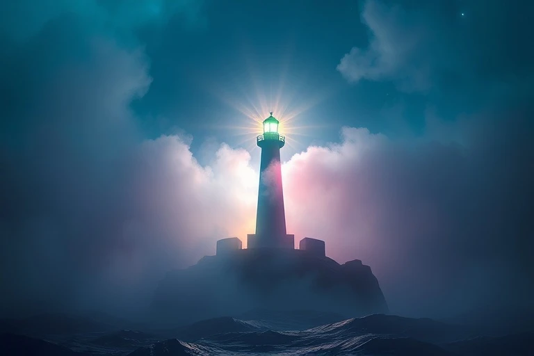 Lighthouse beam through mystical fog over dark ocean