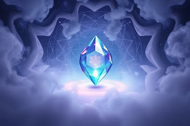 Intricate 3D digital illustration of a translucent labyrinth of fog and light, with a glowing crystal at its center, symbolizing hidden truths within illusion.
