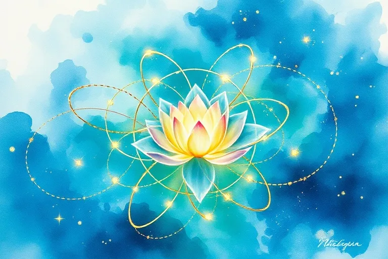 Serene watercolor painting of interconnected energy lines in blue, green, and gold intertwining around a glowing lotus flower, symbolizing universal spirituality.