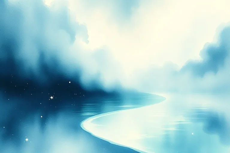 Watercolor painting of a river dissolving into a misty ocean