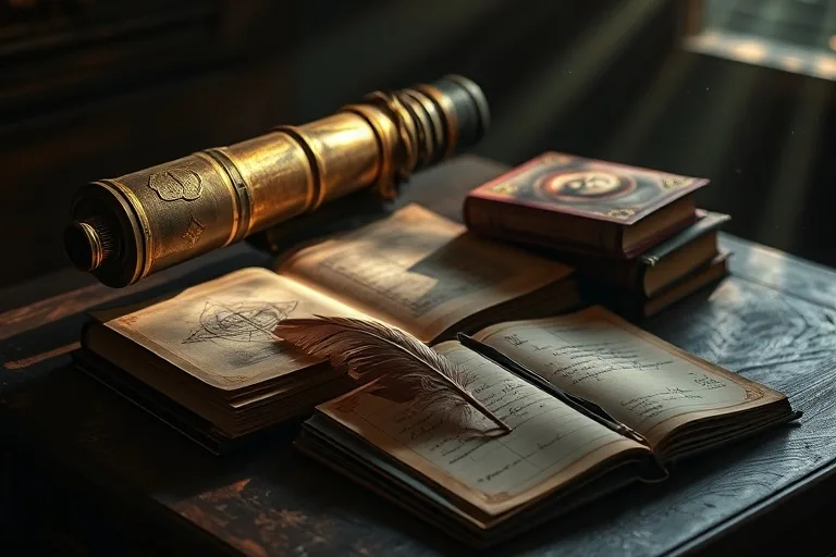 Cinematic still life of an antique telescope and dream journals on a desk, symbolizing spiritual journeys and hidden paths.