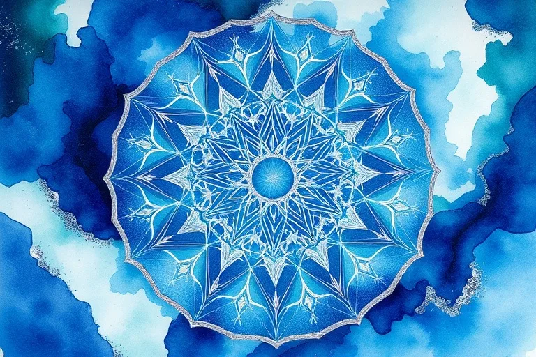 Abstract watercolor painting with flowing blue, green, and silver layers, evoking oceanic depth and spiritual transcendence.