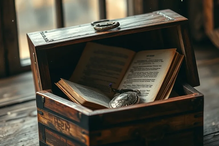Faded, antique wooden chest slightly ajar, revealing old, worn spiritual texts, a dried pressed flower, and a tarnished silver locket, all bathed in soft, diffused light.