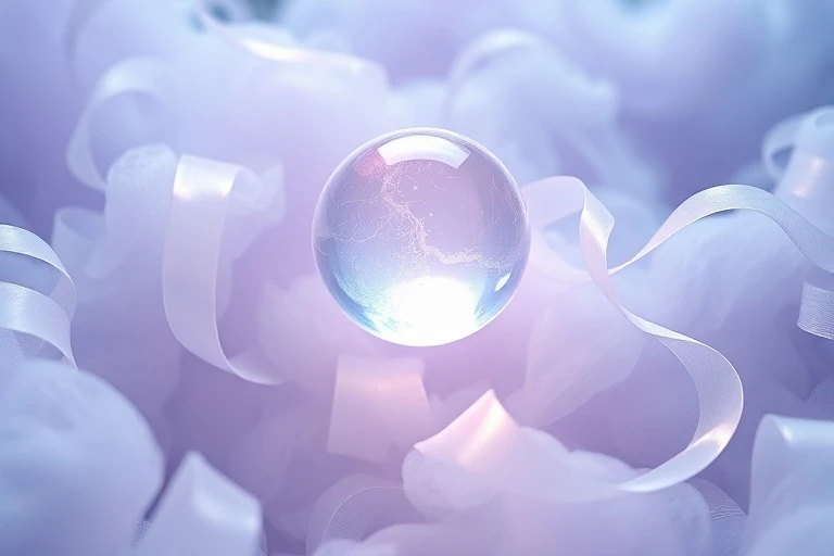 Delicate, glowing crystal orb floating above a swirling mist, surrounded by abstract, translucent ribbons of light in shades of lavender and aqua, symbolizing dreams, illusion, and mystical insight.