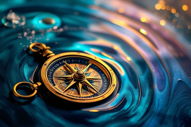 Cinematic still life of an antique compass partially submerged in iridescent water, reflecting nebulous lights, symbolizing a mystical journey and loss of direction.